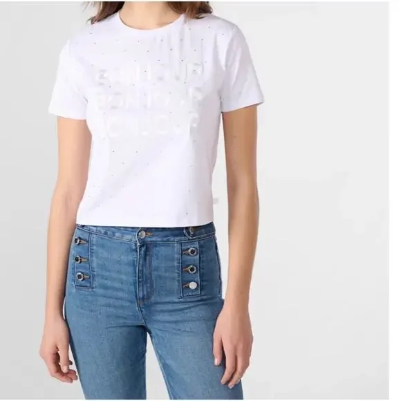 Karl Lagerfeld Paris Women's Embellished Bonjour T-Shirt in White Size Medium - Picture 11 of 11